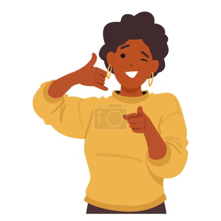 Young Black Woman Gestures Confidently, Pointing Her Index Finger Directly At The Viewer While Signaling A Call Me Gesture. Female Character Showing on You. Cartoon People Vector Illustration