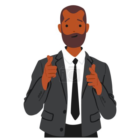 Illustration for Standing Businessman Character Confidently Points Both Index Fingers Toward The Viewer, Gesturing With A I Want You Expression, Exuding Determination And Assertiveness. Cartoon Vector Illustration - Royalty Free Image