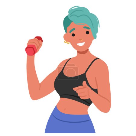 Illustration for Smiling Woman With Dumbbell In Hand Point Forward, Motivating Viewer To Workout. Happy Sportswoman Character Exercise With Equipment. Sport And Training Concept. Cartoon People Vector Illustration - Royalty Free Image