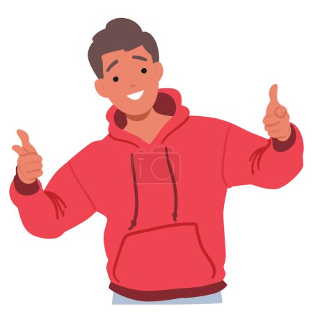 Young Cheerful Male Character in Red Hoodie Gesturing Directly At The Viewer With Both Index Fingers Extended, Indicating Focus, Engagement, Choice Or Invitation. Cartoon People Vector Illustration
