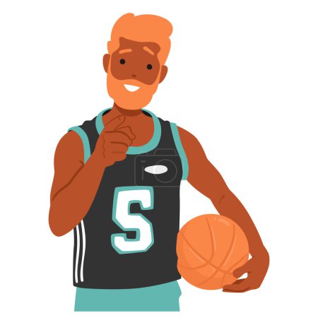 Ilustración de Carácter de jugador de baloncesto con el balón en la mano y sonrisa radiante, señalando con el dedo índice directamente al espectador, exudando confianza y determinación. Dibujos animados Gente Vector Ilustración - Imagen libre de derechos