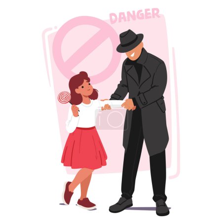 Pedophilia, Kidnapping Crime Concept. Stranger Pedophile Character Takes Away Little Preschooler Child With Sweet Candy in Hand. Childhood In Danger Warning Poster. Cartoon People Vector Illustration