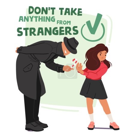 Illustration for Suspicious Stranger Character In A Black Coat And Hat Offers Candy To A Little Schoolgirl, Who Wisely Refuses, Illustrating The Danger and Risk Of Kidnapping Lures. Cartoon People Vector Illustration - Royalty Free Image