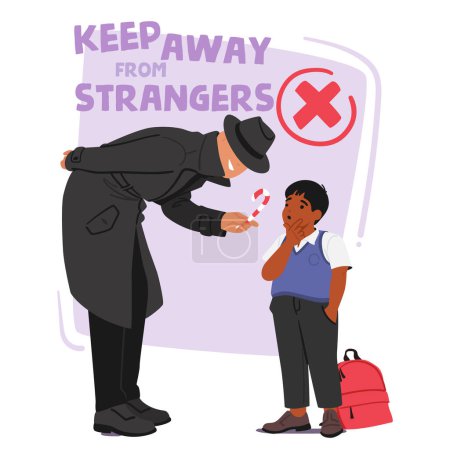 Suspicious Stranger Character In A Black Coat And Hat Lures A Young Schoolboy With Candy, Illustrating The Danger And Tactics Used In Potential Kidnapping Scenarios. Cartoon People Vector Illustration