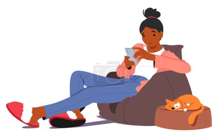 Illustration for Woman Sits Comfortably In An Armchair, Engrossed In Her Mobile Device, Browsing And Shopping With Focused Attention. Black Young Female Character Using Gadget. Cartoon People Vector Illustration - Royalty Free Image