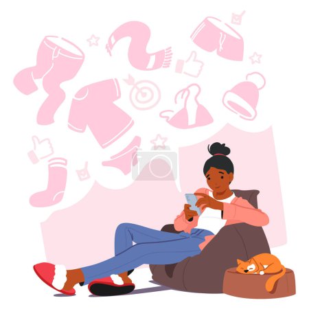 Illustration for Woman Browses Through An Array Of Stylish Clothes Online. Female Character Selecting Chic Outfits That Reflect Her Taste And Personality With Ease And Convenience. Cartoon People Vector Illustration - Royalty Free Image