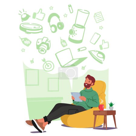 Illustration for Male Character Browses And Purchases Household Electronics Online, Selecting Items Such As Kitchen Appliances, Smart Devices, And Entertainment Systems For His Home. Cartoon People Vector Illustration - Royalty Free Image