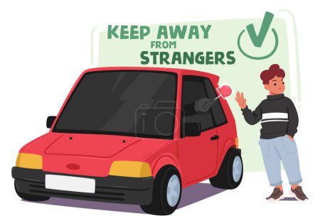 Illustration for Keep Away From Strangers Rule. Kidnapper Character Entices Child With Candy From Car, Concept Teach Kids To Never Accept Gifts Or Rides From Unfamiliar Individuals. Cartoon People Vector Illustration - Royalty Free Image