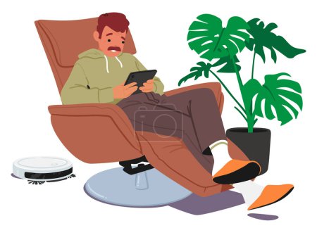 Homme confortablement assis dans un fauteuil, grossi dans sa tablette. Navigateurs de caractères masculins détendus et boutiques en ligne, explorant divers éléments avec une attention focalisée. Illustration vectorielle des personnages de bande dessinée
