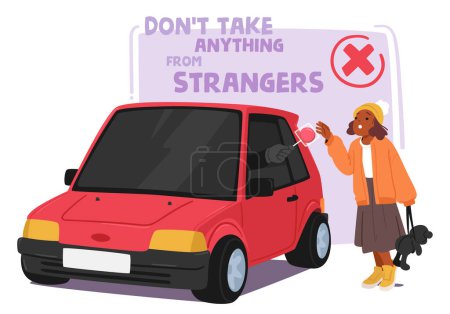 Illustration for Kidnapper or Thief Character Entices Child Girl With Candy From Car, Emphasizing Importance Of Avoiding Strangers To Prevent Danger. Kidnapping Awareness Concept. Cartoon People Vector Illustration - Royalty Free Image