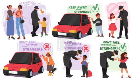 Kidnapping Awareness Concept für Kinder Charaktere, die Anzeichen potenzieller Gefahren erkennen, Sicherheitsvorkehrungen zur Verhinderung von Entführungen lehren und wissen, wie man in bedrohlichen Situationen reagiert, Set
