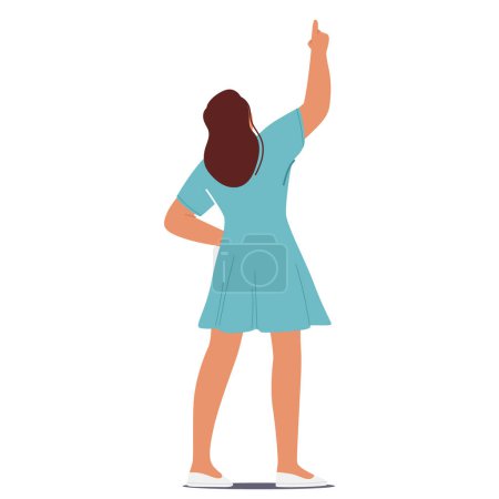 Woman Gazes Upward, Finger Outstretched Towards The Sky, Rear View. Female Character Pointing With Determination And Curiosity, Capturing The Essence Wonder. Cartoon People Vector Illustration