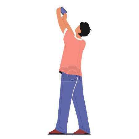Mann schießt mit Smartphone-Rückansicht nach oben Männliche Charaktere, die die Schönheit des Himmels einfangen oder vielleicht eine aufragende Struktur vor dem Hintergrund dokumentieren. Cartoon People Vektor Illustration