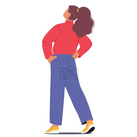 Illustration for Curious Female Character Looking Upward Rear View. Woman Gazes Skyward, with Arms Akimbo, Neck Craned, Searching For Something Unseen Amidst The Vast Expanse Above. Cartoon People Vector Illustration - Royalty Free Image