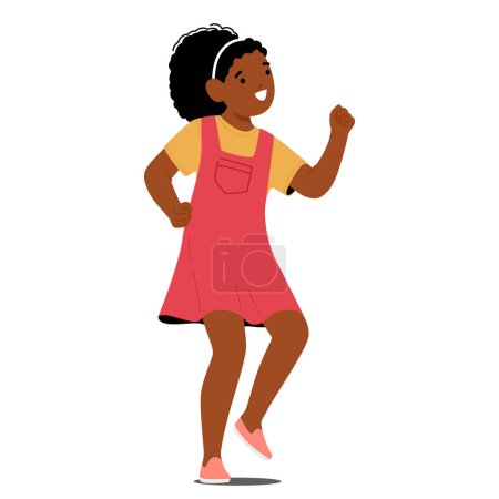 Téléchargez les illustrations : Jeune fille noire personnage dans la robe de soleil rouge pointe rapidement, ses boucles rebondissant joyeusement comme son Patter pieds contre le sol dans un affichage exuberant d'énergie, Illustration vectorielle de bande dessinée isolée - en licence libre de droit
