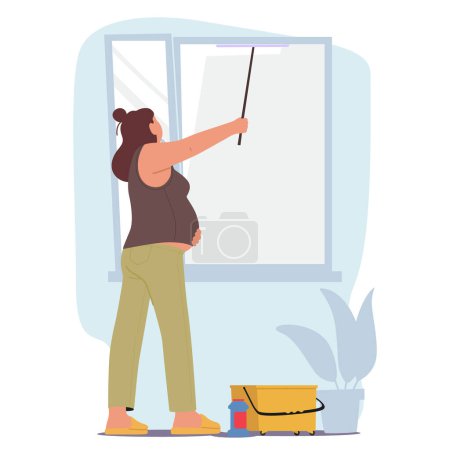 Illustration for Pregnant Woman Engage In Household Activities. Female Character Washing and Cleaning Windows at Home To Ensure A Comfortable Environment For Herself And Her Unborn Child. Cartoon Vector Illustration - Royalty Free Image
