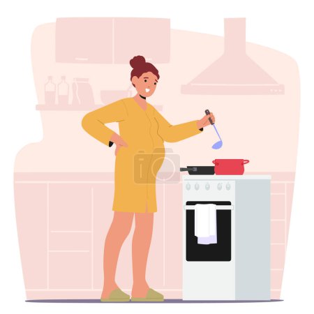 Femme enceinte personnage se tient près de la cuisinière, remuant un pot de repas nourrissant tandis que l'arôme d'épices remplit la cuisine, créant une atmosphère confortable à la maison. Illustration vectorielle des personnages de bande dessinée