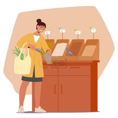 Woman With An Eco Bag Carefully Selects Sustainable Products In The Market Store. Female Character Emphasizing Environmental Consciousness In Her Shopping Choices. Cartoon People Vector Illustration