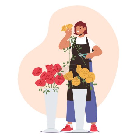 Florist Character Design, arrangieren und verkaufen Blumen und Pflanzen für verschiedene Anlässe wie Hochzeiten und Feiern, wodurch ästhetische Anmutung und Frische gewährleistet werden. Cartoon People Vektor Illustration