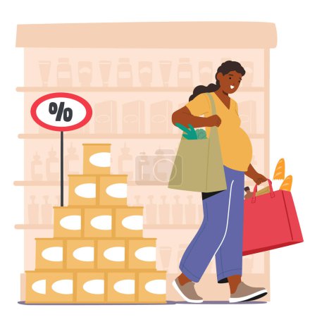 Illustration for Pregnant Woman Character Navigates The Aisles, Carefully Selecting Nutritious Foods For Herself And Her Baby, Her Bag Filled With Fresh Produce And Essential Items. Cartoon People Vector Illustration - Royalty Free Image