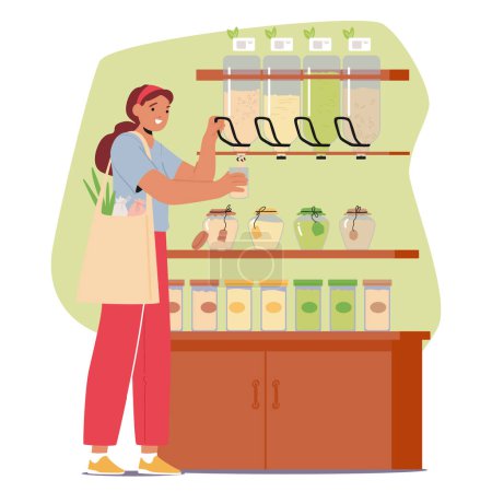 Illustration for Woman Character With An Eco Bag Purchases Sustainable Products In The Market Store, Buying Cereals, Emphasizing Environmental Consciousness In Her Shopping Choices. Cartoon People Vector Illustration - Royalty Free Image