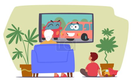 Illustration for Granny And Boy Enjoy Cartoons Together At Home, Laughing At Colorful Characters And Sharing Joy In Moments Of Togetherness And Bonding Over Animated Adventures. Cartoon People Vector Illustration - Royalty Free Image