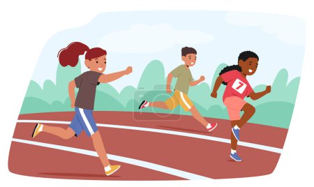 Illustration for Children Characters Race Joyfully On The Stadium Track, Their Vibrant Energy Fueling A Thrilling Competition Of Speed And Determination. Kids run Sports Marathon. Cartoon People Vector Illustration - Royalty Free Image