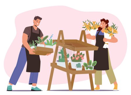 Florist Characters Create And Arrange Floral Designs For Various Occasions And Celebrations, Selecting And Arranging Flowers To Create Visually Appealing Displays. Cartoon People Vector Illustration