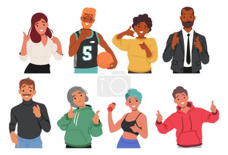 Set of Characters Smile Warmly, Their Eyes Crinkling With Joy, While Pointing Directly At The Viewer With Index Fingers, Inviting Them Into The Shared Moment. Cartoon People Vector Illustration