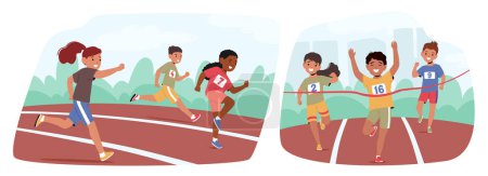 Illustration for Children Characters Dash Across The Stadium Track, Their Laughter Echoing As They Race Towards The Finish Line, Fueled By Youthful Energy And Boundless Enthusiasm. Cartoon People Vector Illustration - Royalty Free Image