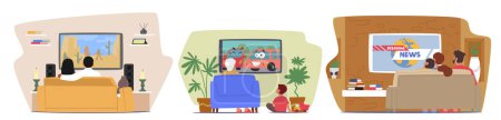 Illustration for Cozy Scenes, Family Characters Gathered On Couch, Sharing Snacks, Laughter And Conversations While Immersed In Their Favorite Tv Show, Creating Cherished Memories. Cartoon People Vector Illustration - Royalty Free Image