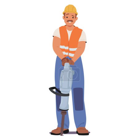 Illustration for Construction Worker Stands Firmly, Gripping A Jackhammer, Ready To Break Ground With Determination And Strength. Smiling Male Character Industrial Worker or Builder. Cartoon People Vector Illustration - Royalty Free Image