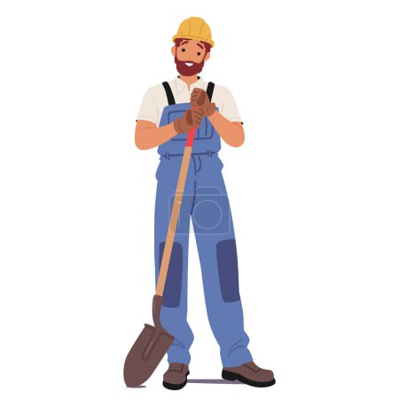 Illustration for Character Construction Worker Stands with Shovel in Hand, Ready For Task Ahead, Embodying Strength And Determination. Man Builder, Foreman or Contractor with Tool. Cartoon People Vector Illustration - Royalty Free Image