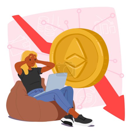 Illustration for Anxious Trader Female Character Panics As Ethereum Cryptocurrency Price Decrease, Fearing Financial Loss And Uncertainty In Market, Exacerbating The Downward Trend. Cartoon People Vector Illustration - Royalty Free Image