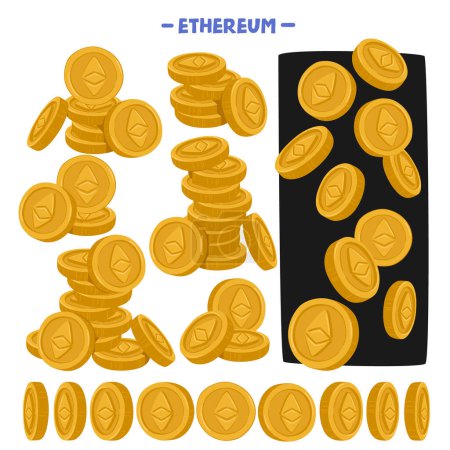 Illustration for Ethereum Currency Coins, Known As Ether or Eth, Are Digital Assets Used On The Ethereum Blockchain For Transactions, Smart Contracts, And Decentralized Applications Dapps. Cartoon Vector Illustration - Royalty Free Image
