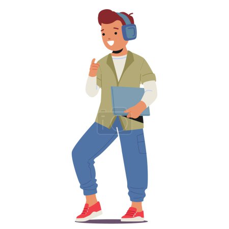 Illustration for Young Boy Striking Confident Pose In Trendy, Fashionable Attire, Exuding Style And Charisma. Schoolboy Character Posing in Jeans, Longsleeve, T-shirt and Headphones. Cartoon People Vector Illustration - Royalty Free Image