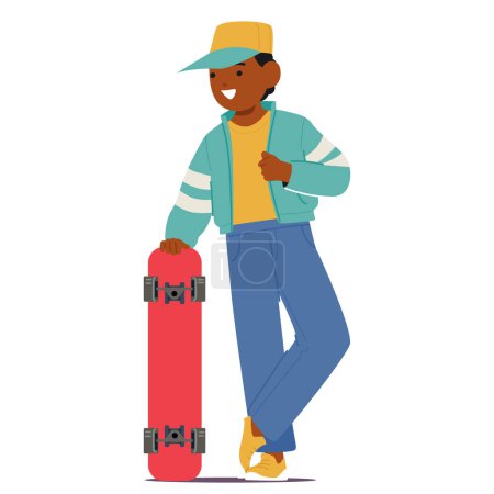 Illustration for Young Black Boy Character Striking A Confident Pose In Trendy Attire with Skateboard, Exuding Style And Charm With His Fashionable Clothes And Charismatic Demeanor. Cartoon People Vector Illustration - Royalty Free Image