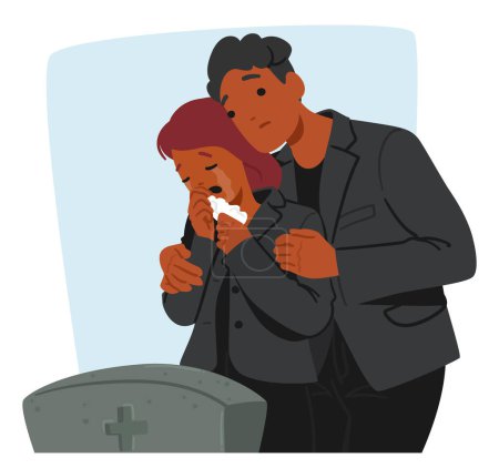 Illustration for Couple Characters In Sorrow, Standing and Crying Before The Cold Stone, Tears Mingling With Memories, Hearts Heavy With Loss, Finding Solace In Shared Grief. Cartoon People Vector Illustration - Royalty Free Image