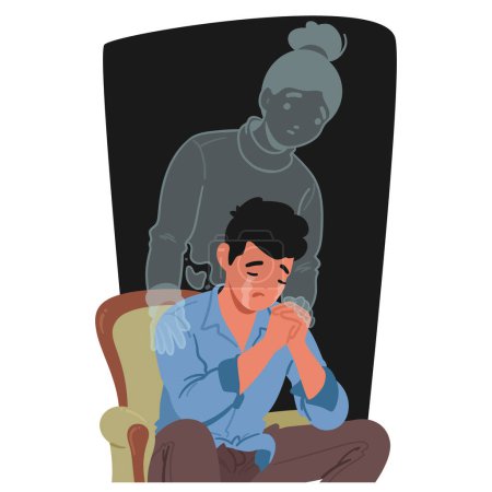 Illustration for Broken Man Weeps Silently, His Heart Heavy With The Loss Of His Beloved Wife, Longing For Her Warmth And Presence. Male Character Grieving and Praying for the Soul. Cartoon People Vector Illustration - Royalty Free Image