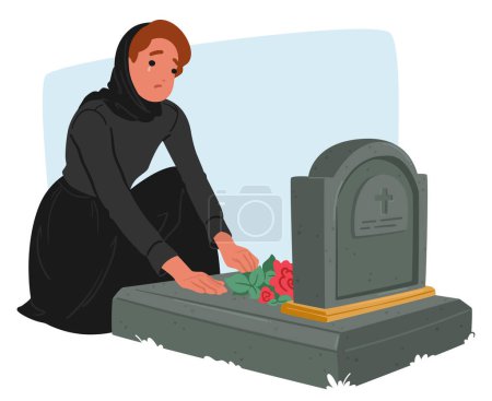 Téléchargez les illustrations : Personnage féminin en deuil sur le cimetière. Femme à genoux, larmes coulant, avant la pierre tombale altérée. Son chagrin gravé dans chaque ligne de son visage, une lamentation silencieuse. Illustration vectorielle des personnages de bande dessinée - en licence libre de droit