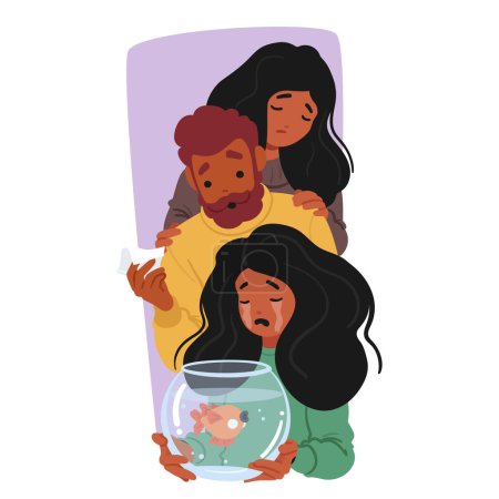 Illustration for Child Grieving Over The Death Of Their Beloved Fish Pet, Tears Streaming Down The Face, Heartbroken Girl and Parent Characters Watching on Lifeless Fish in the Bowl. Cartoon People Vector Illustration - Royalty Free Image