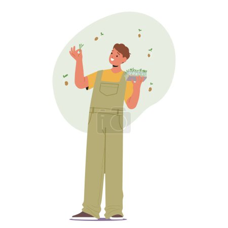 Illustration for Farmer Male Character Enthusiastically Presents Vibrant Microgreens, Demonstrating Their Nutritional Value And Cultivation To Intrigued Visitors At A Local Market. Cartoon People Vector Illustration - Royalty Free Image
