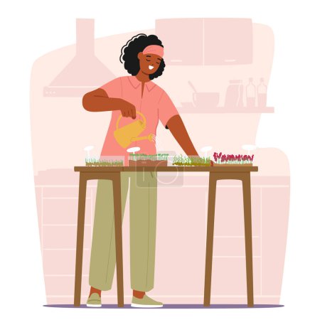 Illustration for Woman Tends To Her Kitchen Microgreens, Nurturing Tiny Shoots With Care, Bringing Freshness And Vitality To Her Home Cooking. Female Character Growing Micro Greens. Cartoon People Vector Illustration - Royalty Free Image
