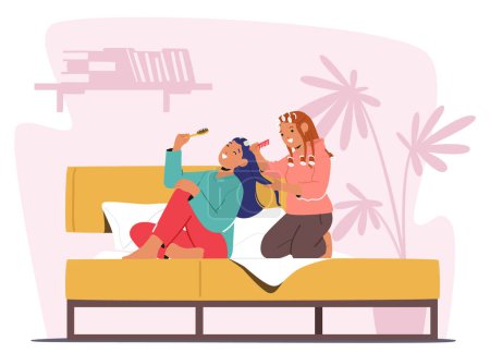 Illustration for Tow Girls Friends or Sister Characters Laugh, Chat, And Bond While Skillfully Crafting Hairstyles For Each Other, Sharing Tips And Creativity In A Joyful Atmosphere. Cartoon People Vector Illustration - Royalty Free Image