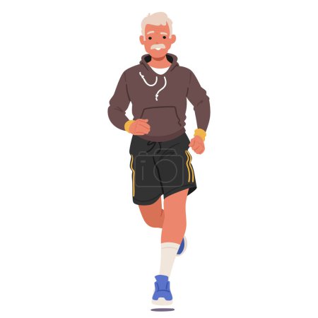 Illustration for Aged Male Character Jogging. Silver-haired Gentleman Strides Steadily Along The Path, Proving Age Is No Barrier To His Morning Jog. Fit Elderly Man Is Sprinting. Cartoon People Vector Illustration - Royalty Free Image
