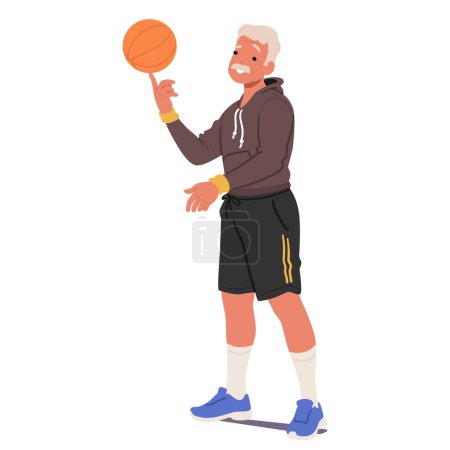 Téléchargez les illustrations : Elderly Man In Sports Uniform And Shorts Spinning Effortlessly Basketball Ball Atop His Index Finger, Showcasing His Handball Player Skills. Aged Male Character Engages in Sport Vector Illustration - en licence libre de droit