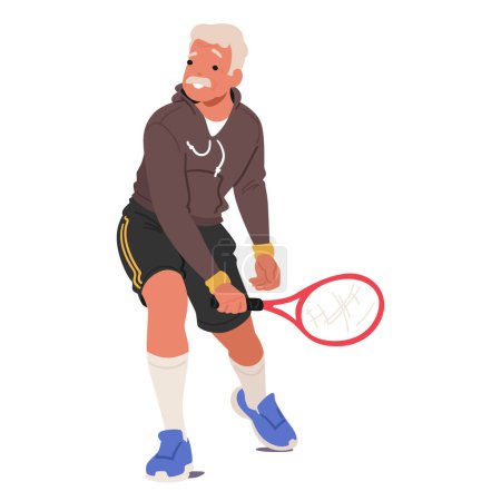 Illustration for Elderly Man Gracefully Swings His Tennis Racket, Showing Agility Despite Age. Aged Mustached Male Character Chasing The Ball With Seasoned Finesse On The Court. Cartoon People Vector Illustration - Royalty Free Image