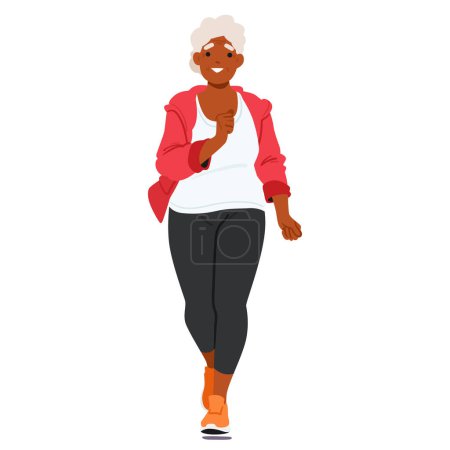 Ilustración de Mujer mayor con el pelo plateado corriendo, su determinación evidente en cada paso, como ella con gracia se mueve hacia adelante y sonríe. Active Black Female Character Running. Dibujos animados Gente Vector Ilustración - Imagen libre de derechos
