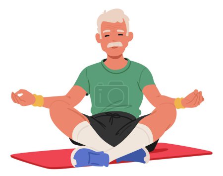 Ilustración de Hombre anciano vestido con camiseta sentado en una posición de loto en una esterilla de yoga. Sus manos descansando sobre sus rodillas, la cabeza en alto y sus brazos y piernas cruzadas. Dibujos animados Gente Vector Ilustración - Imagen libre de derechos