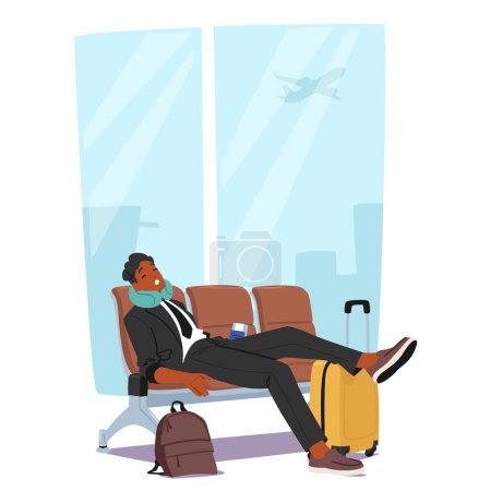 Téléchargez les illustrations : Homme d'affaires fatigué assis confortablement sur un banc à un aéroport, montrant un moment de détente tranquille. Personnage masculin en costume formel Dormir avec billet à la main. Illustration vectorielle des personnages de bande dessinée - en licence libre de droit